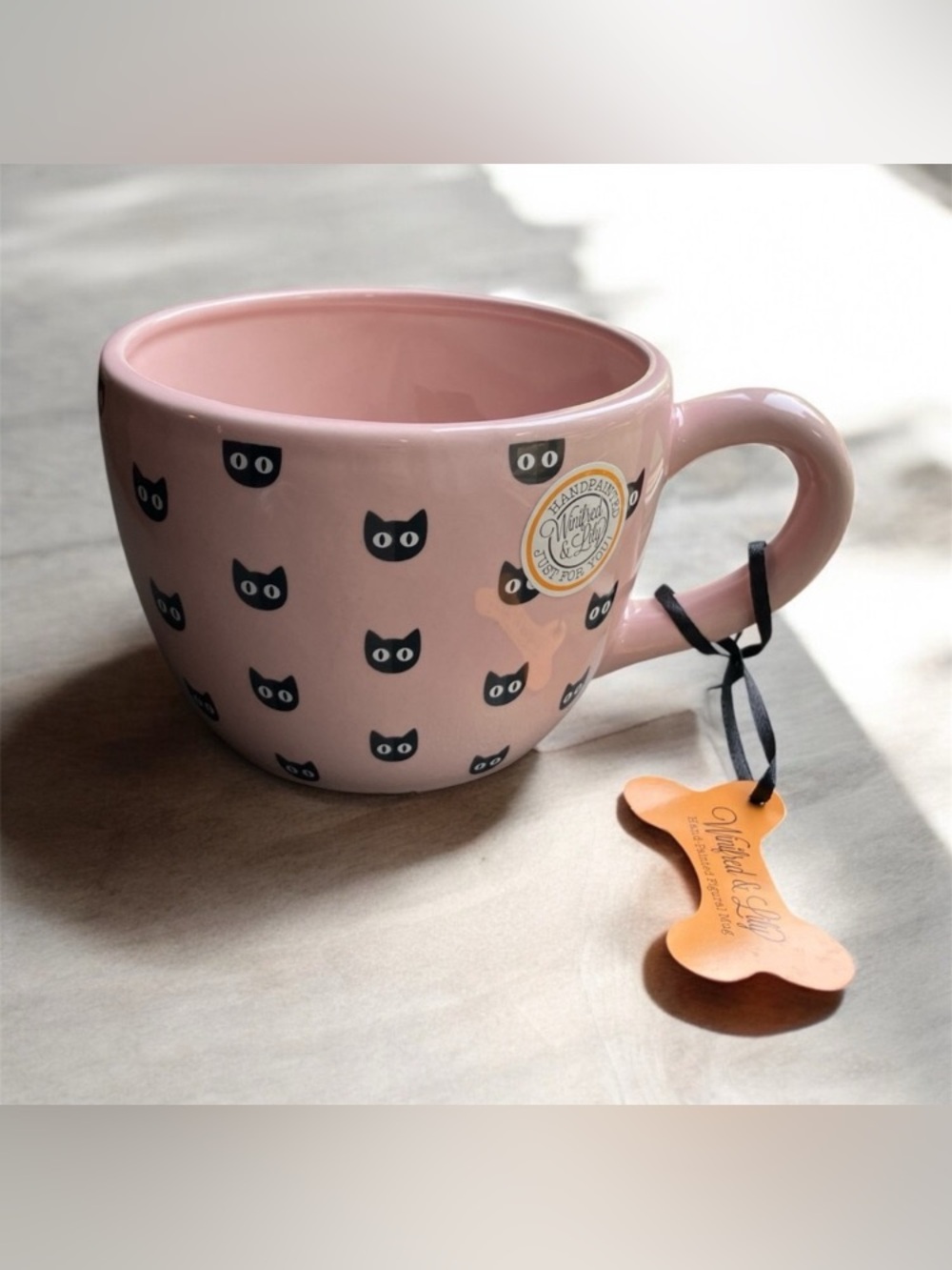 NEW Winifred & Lily Hand Painted Halloween Pink Oversized Mug Black Cat Ceramic